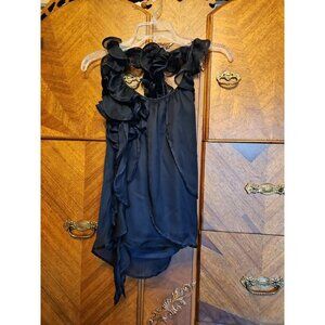 Black Dressy Ruffeled Collar Backless Black Rosette Detail Blouse Size Small